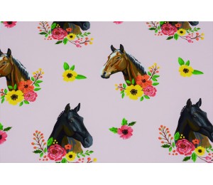 French Terry - Blumen Pferde rosa