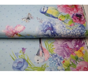 Jersey - Borderprint Frühlings Vögel hellblau