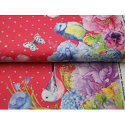 Jersey - Borderprint Frühlings Vögel pink-rot