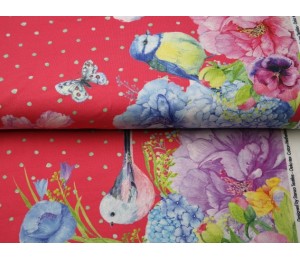 Jersey - Borderprint Frühlings Vögel pink-rot