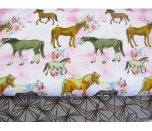 French Terry - Pferde und Blumen rosa