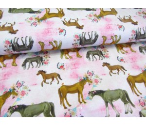 French Terry - Pferde und Blumen rosa