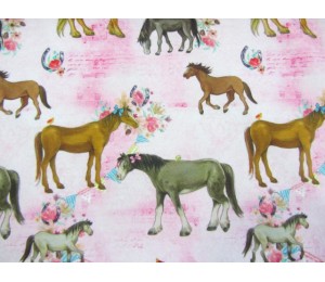 French Terry - Pferde und Blumen rosa