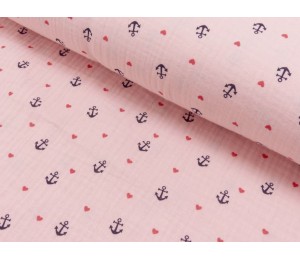 Double Gauze Musselin Anker Herz rosa